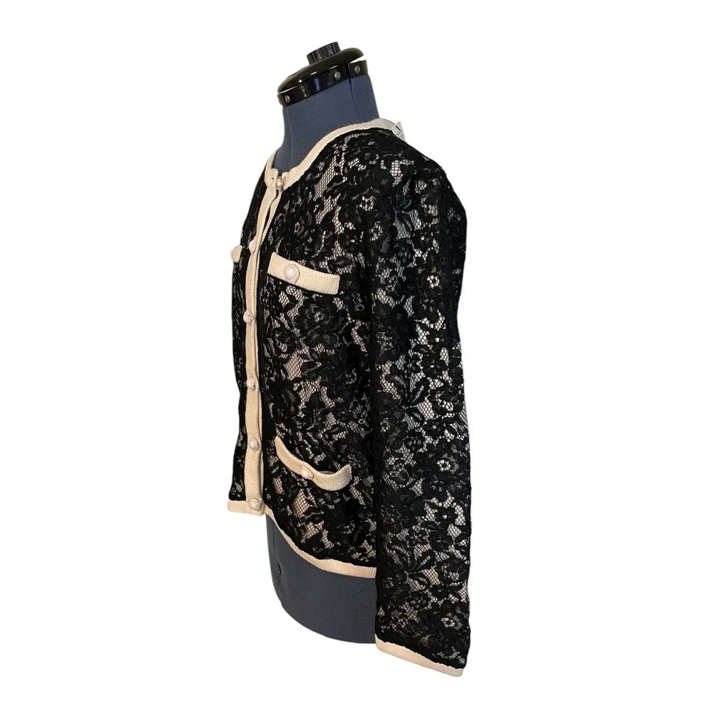 NWT‎ Talbots Black Lace Overlay Ivory Knit Pearl Button Cardigan Old Money Lux S